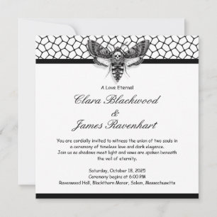 Gothic Moth Skull Wedding  – Black & white Invitation