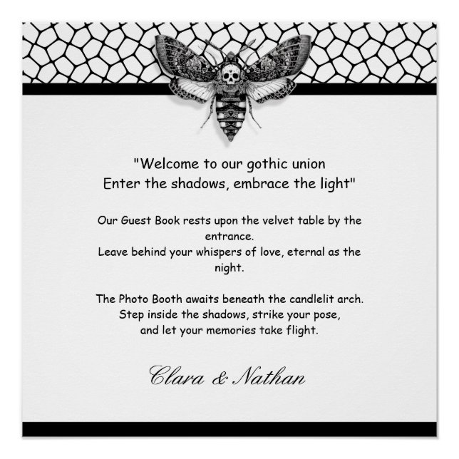 Gothic Moth Skull Wedding [ Black & white Poster (Front)