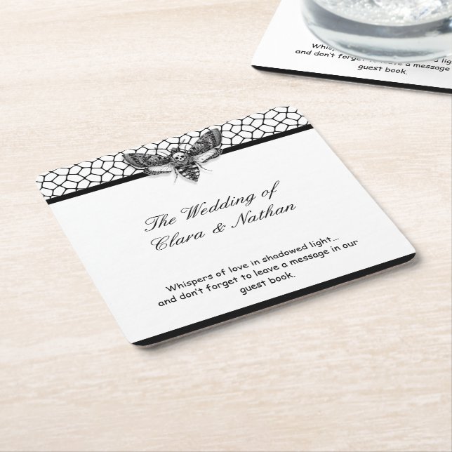 Gothic Moth Skull Wedding – Dark Elegant  Square Paper Coaster (Angled)