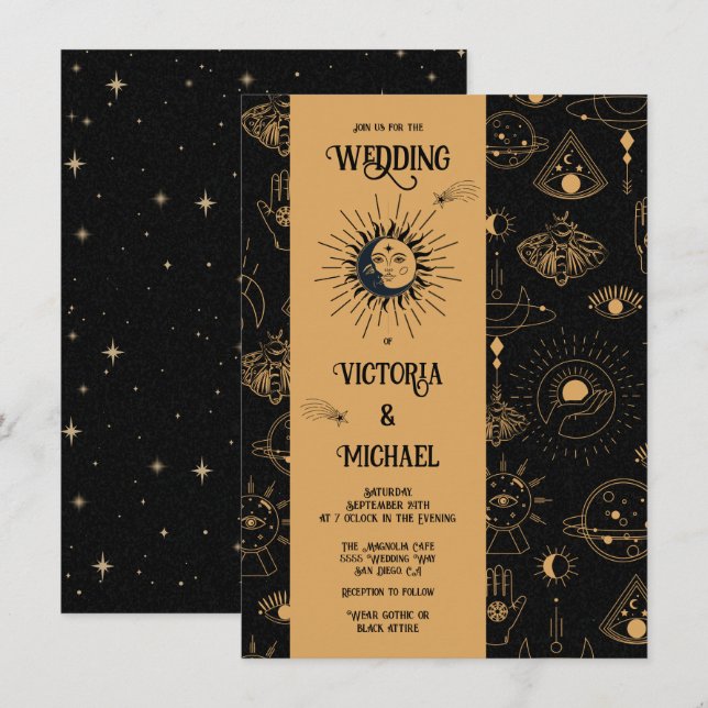 Gothic Mystical Moon Stars Moth Dark Wedding Invit Invitation (Front/Back)