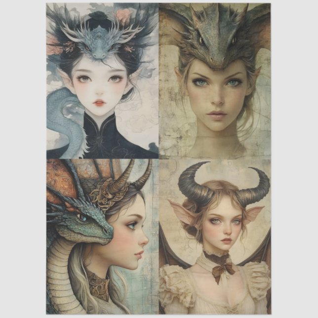Gothic Mythological Nymph Fantasy Dragon Collage Tissue Paper (Front)