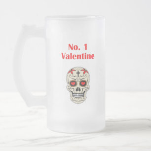 Gothic Number 1 Valentine Heart Sugar Skull Frosted Glass Beer Mug