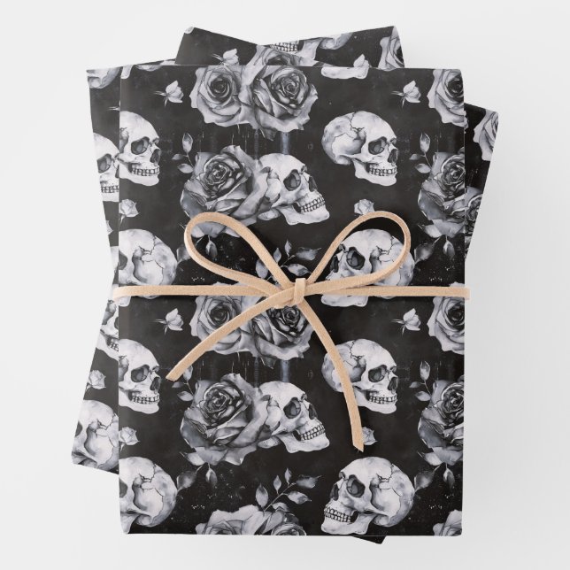 Gothic Occult Skull and Roses Wrapping Paper Sheet (In situ)