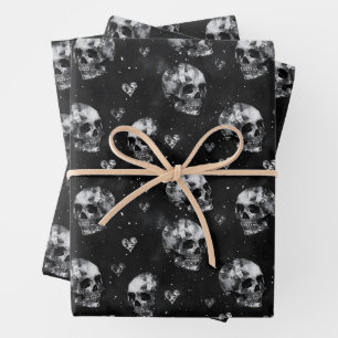 Gothic Occult Skulls with Hearts Wrapping Paper Sheet