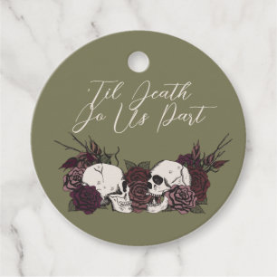 Gothic Olive Green Skull & Rose Round Favour Tags