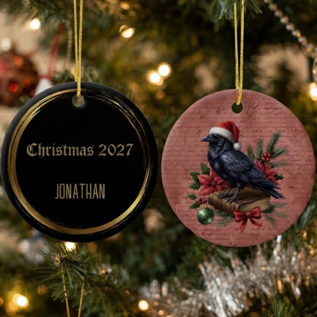 Gothic Onyx Baroque Raven Ceramic Tree Decoration (Ceramic raven ornament for gothic holiday lovers and dark academia tree decor)