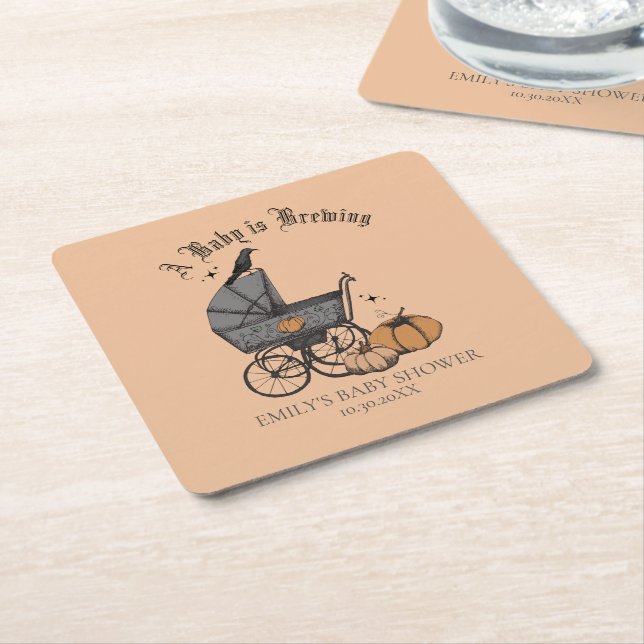 Gothic Orange A Baby is Brewing Fall Baby Shower Square Paper Coaster (Angled)
