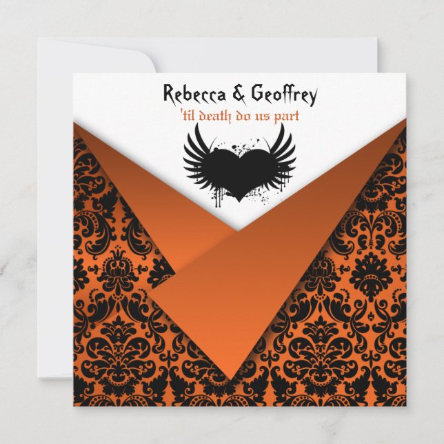 Gothic Orange and Black Damask Wedding Invitation (Front)