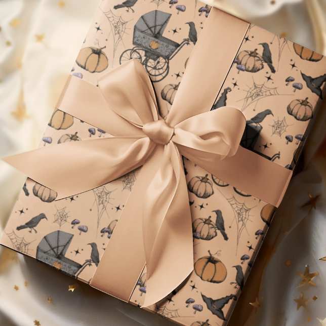 Gothic Orange Baby Carriage Halloween Wrapping Paper (Orange Spooky yet Elegant Victorian Baby Carriage Halloween Wrapping Paper. Hand-Drawn in Black Ink.)