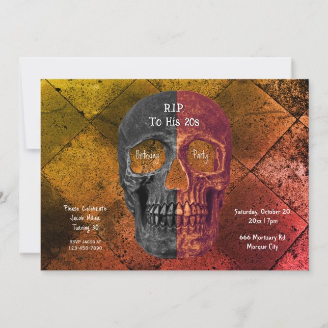 Gothic Orange Black Half Skull RIP To His 20s Invitation (Front)
