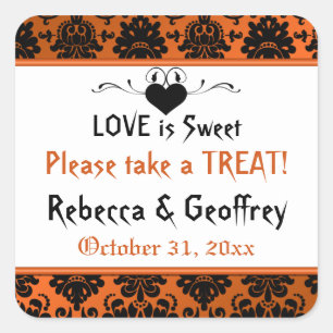 Gothic Orange, Black Scroll Heart Wedding Sticker