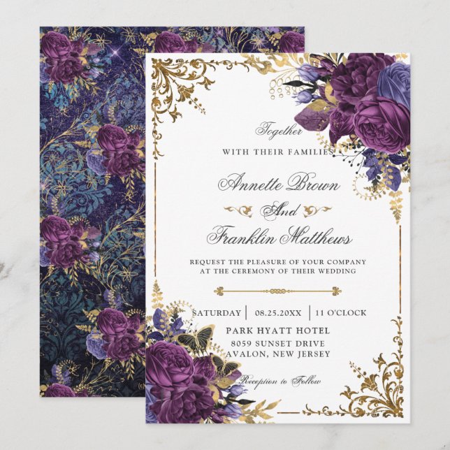 Gothic Ornate Dark Purple Floral Gold Wedding Invitation (Front/Back)