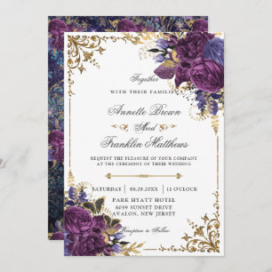 Gothic Ornate Dark Purple Floral Gold Wedding Invitation