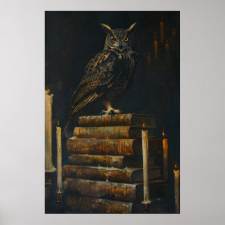 Gothic Owl on Vintage Books Painting Printable Poster
