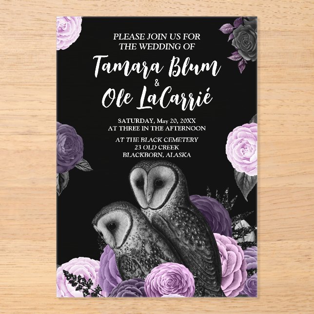 Gothic Owls Wedding Acrylic Invitations (Front)