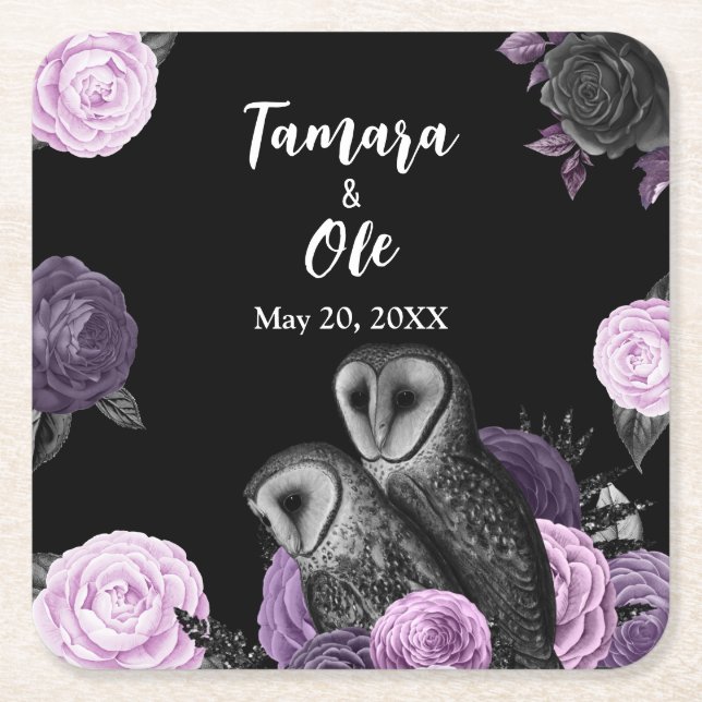 Gothic Owls Wedding Square Paper Coaster (Front)