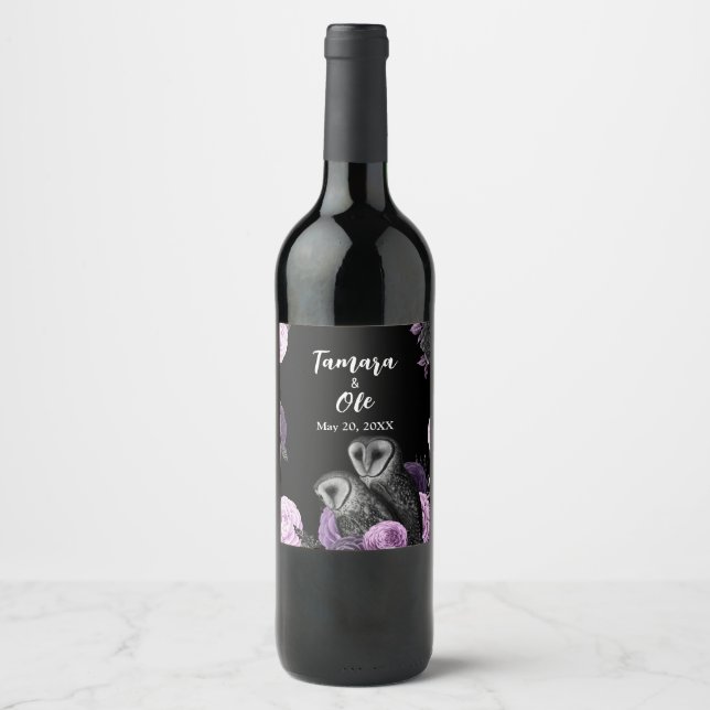 Gothic Owls Wedding Wine Label (Front)