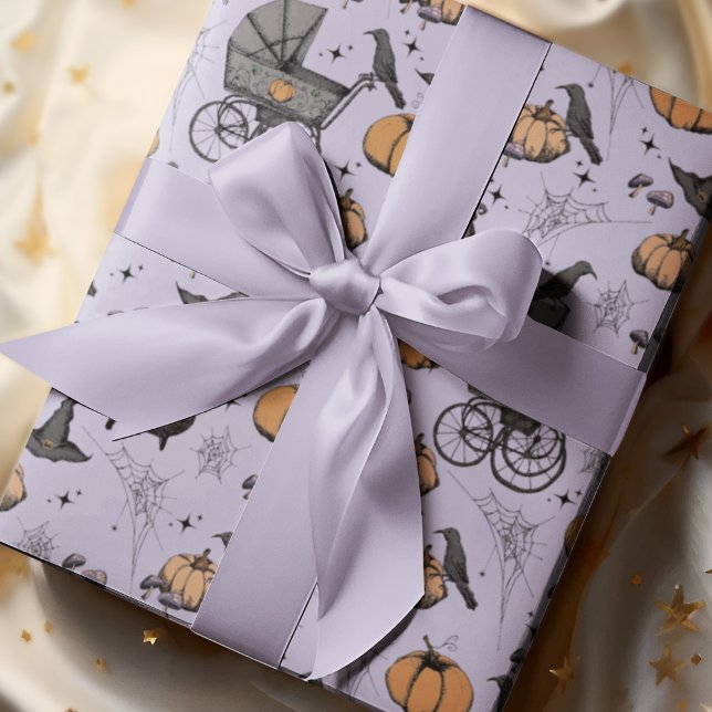 Gothic Pastel Purple Baby Carriage Halloween Wrapping Paper (Purple Spooky yet Elegant Victorian Baby Carriage Halloween Wrapping Paper. Hand-Drawn in Black Ink.)