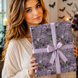 Gothic Pastel Purple Floral Skull Watercolor Wrapping Paper