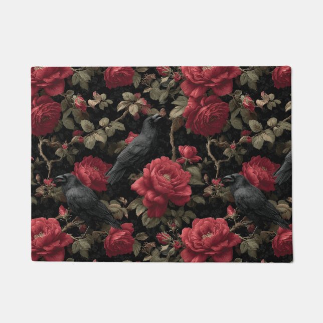 Gothic Pattern with Red Roses and Crows Doormat (Front)