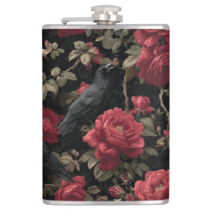 Gothic Pattern with Red Roses and Crows Hip Flask