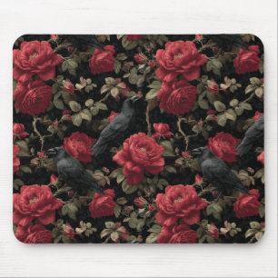 Gothic Pattern with Red Roses and Crows Mouse Mat