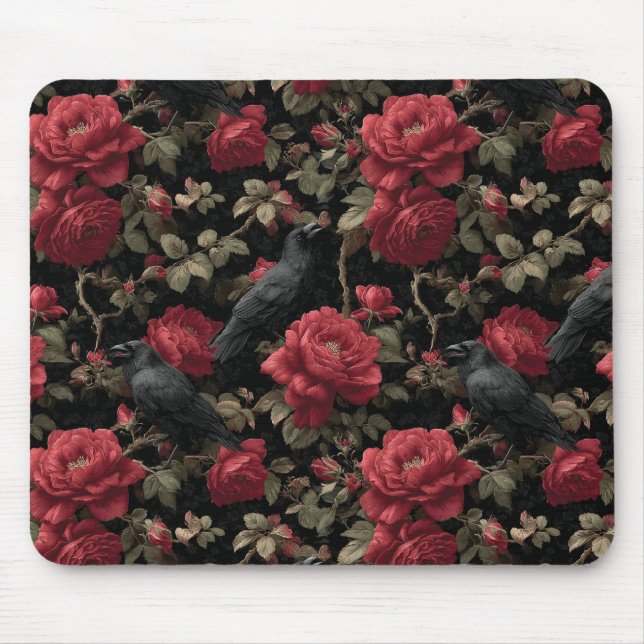 Gothic Pattern with Red Roses and Crows Mouse Mat (Front)