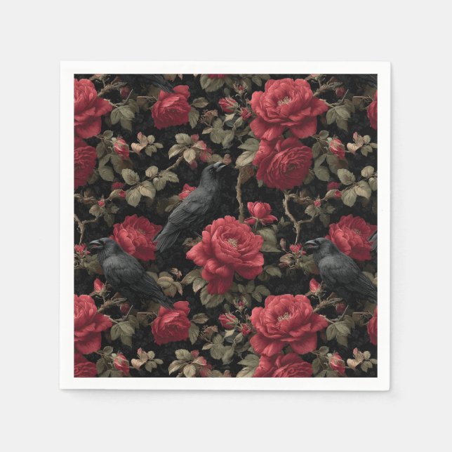 Gothic Pattern with Red Roses and Crows Napkin (Front)