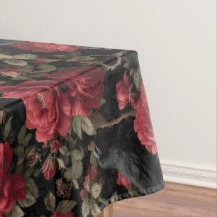 Gothic Pattern with Red Roses and Crows Tablecloth