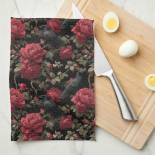 Gothic Pattern with Red Roses and Crows Tea Towel