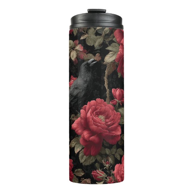 Gothic Pattern with Red Roses and Crows Thermal Tumbler (Front)