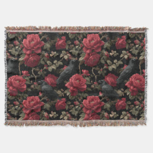 Gothic Pattern with Red Roses and Crows Throw Blanket
