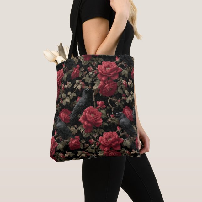 Gothic Pattern with Red Roses and Crows Tote Bag (Close Up)