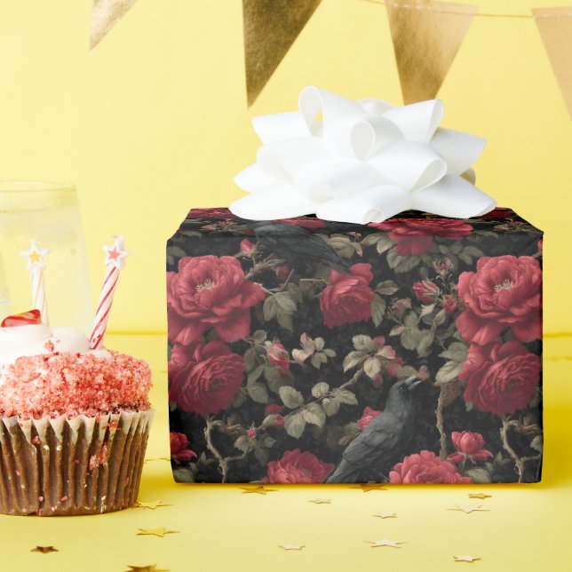 Gothic Pattern with Red Roses and Crows Wrapping Paper (Birthday Party)