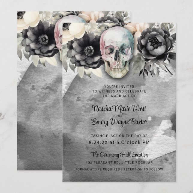 Gothic Peony & Skull Black Floral Wedding Invitation (Front/Back)