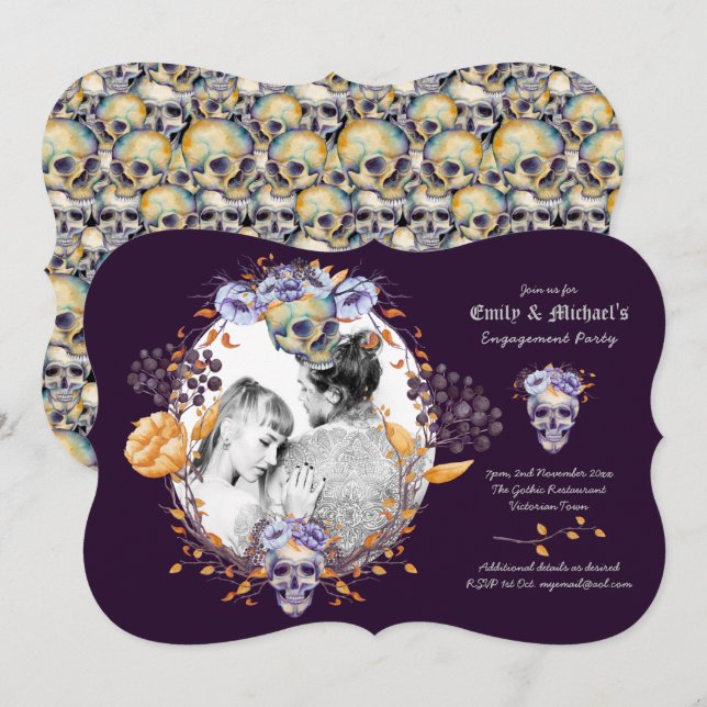 Gothic PHOTO Wedding/Engagement Purple Skulls Invitation (Front/Back)