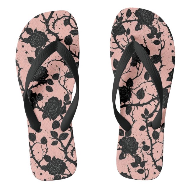 Gothic Pink and black Cemetery roses Flip Flops (Footbed)