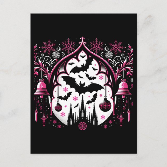 Gothic Pink and Black Christmas Bats Postcard (Front)
