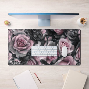Gothic Pink and Black Roses Monogram Desk Mat