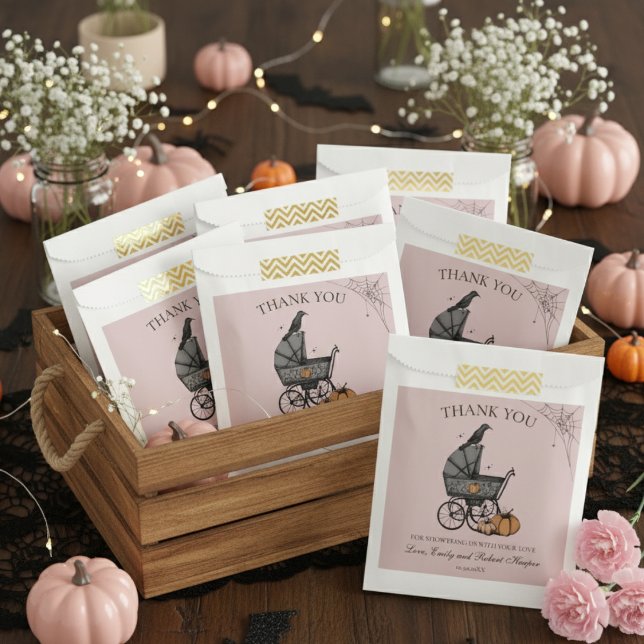 Gothic Pink Baby Carriage Baby Shower Thank You Favour Bags (Pink Gothic Halloween Baby Shower Favor Bag. Cute Spooky Vintage Baby Carriage, Pumpkins, Black Crow)