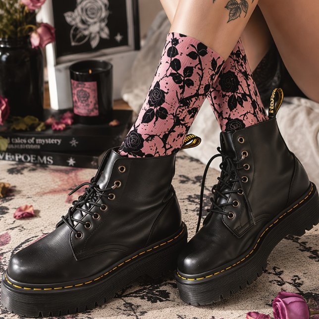 Gothic Pink Cemetery Roses Black Floral Socks (Creator Uploaded)