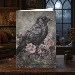 Gothic Pink Dark Academia Floral Raven Card