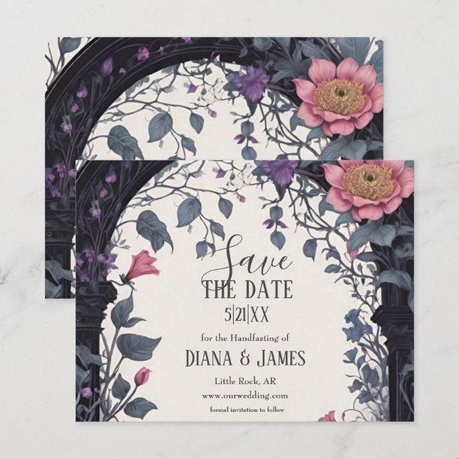 Gothic Pink Floral Garden Gate Pagan Handfasting Save The Date (Front/Back)