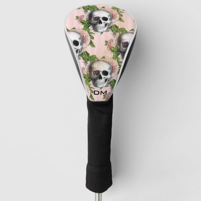 Gothic Pink Floral Skull Stripe Golf Head Cover (Front)