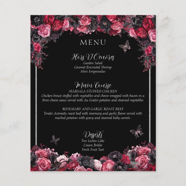 Gothic Pink Red & Black Moody Quinceañera Menu (Front)