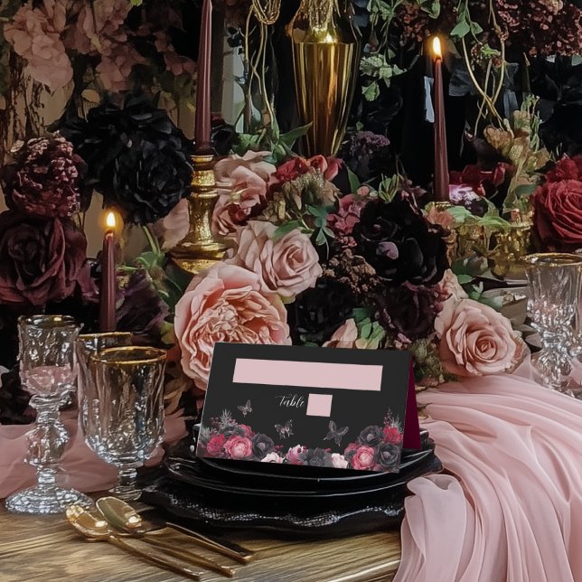 Gothic Pink Red & Black Moody Quinceañera Place Card (Placecard for gothic quinceañera with pink, red and black moody florals.)