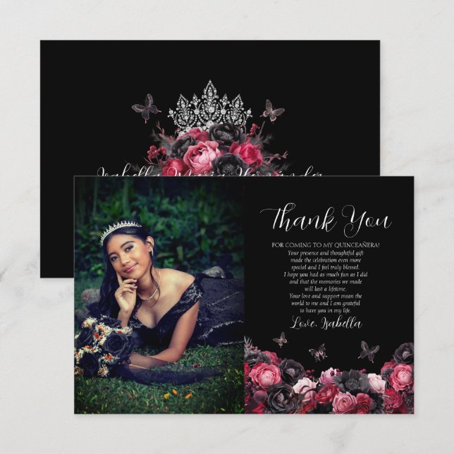 Gothic Pink Red & Black Moody Quinceañera Thank You Card (Front/Back)