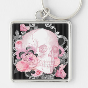 Gothic Pink Skull with Roses Key Ring