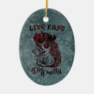 Gothic Pirate Skull Woman Live Fast Die Pretty Ceramic Tree Decoration