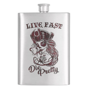 Gothic Pirate Skull Woman Live Fast Die Pretty Hip Flask